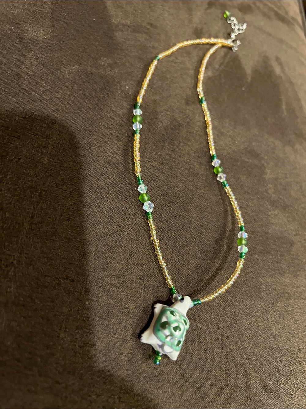 Handmade Green Turtle Pendant Beaded Necklace